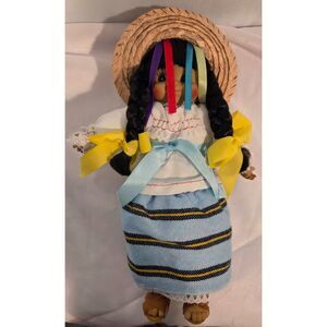 Vintage Mexican Style Muñeca Doll Braided Hair Straw Hat Folk Art